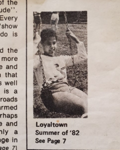 Newspaper clipping of Gloria at Camp Loyaltown